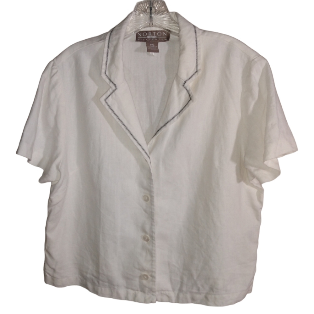 Norton McNaughton Petites 100% Linen Short Sleeve Button Down Top PXL White Vtg